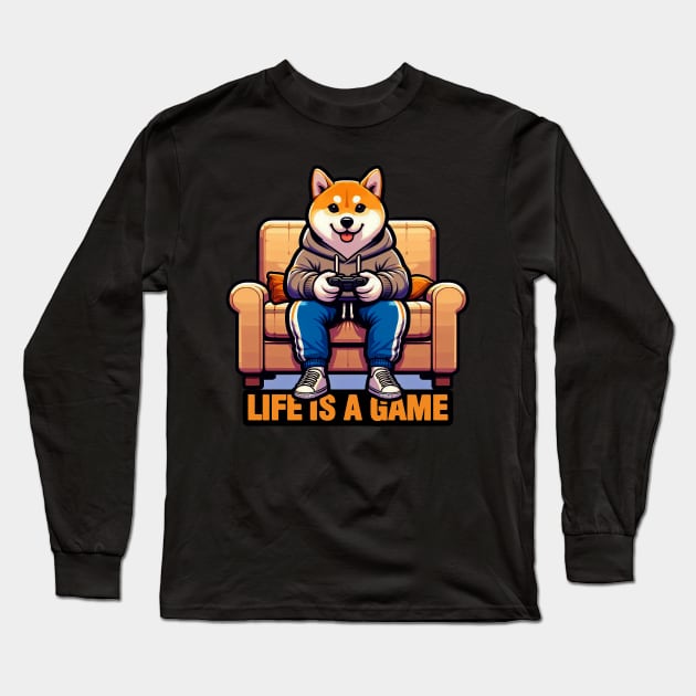 Life Is A Game meme Shiba Inu Gamer Play Video Games Long Sleeve T-Shirt by Plushism
